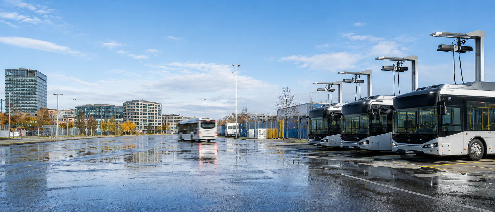 Busflotte auf einem deutschen Betriebshof am Tag