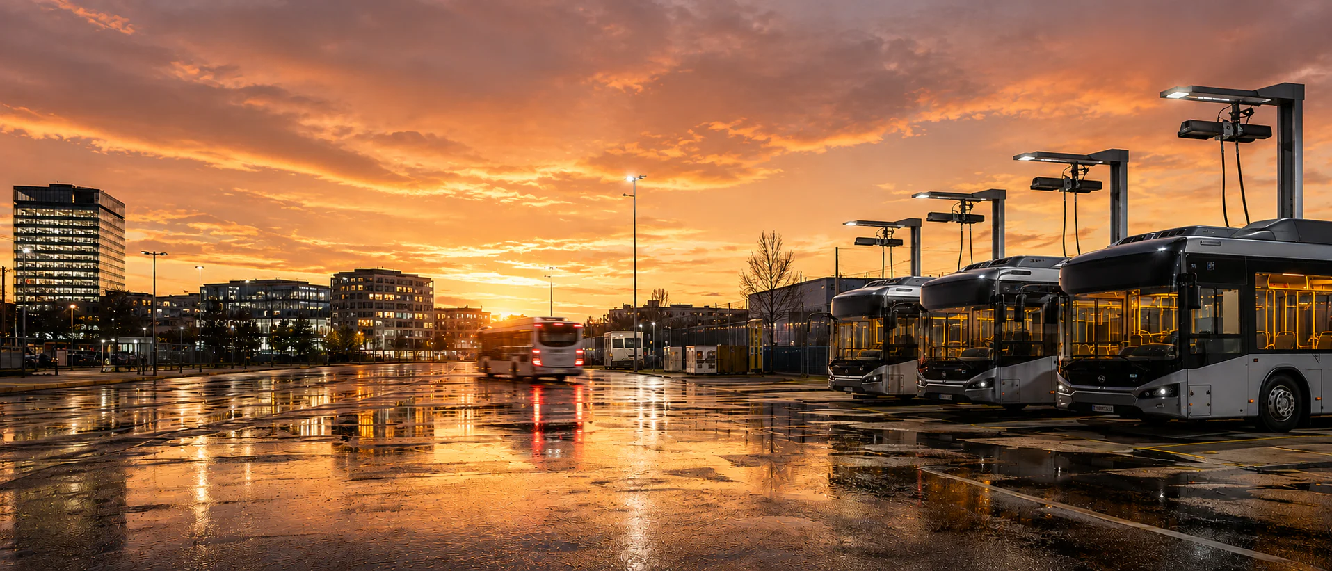 Busflotte auf einem deutschen Betriebshof bei Sonnenuntergang