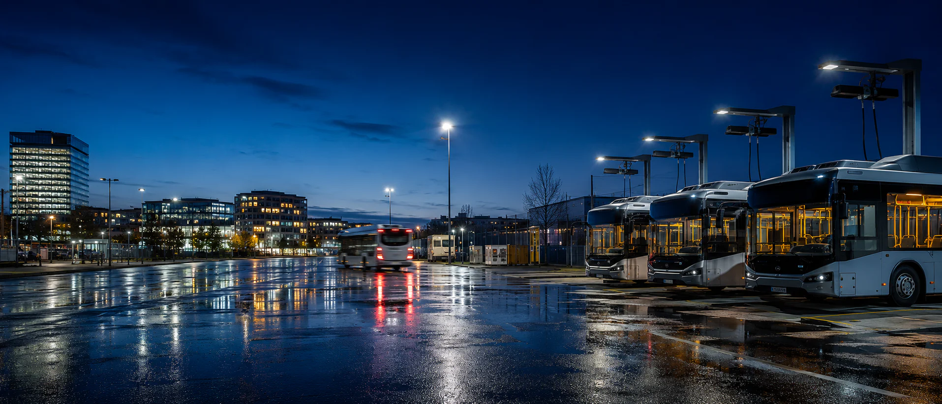 Busflotte auf einem deutschen Betriebshof bei Nacht
