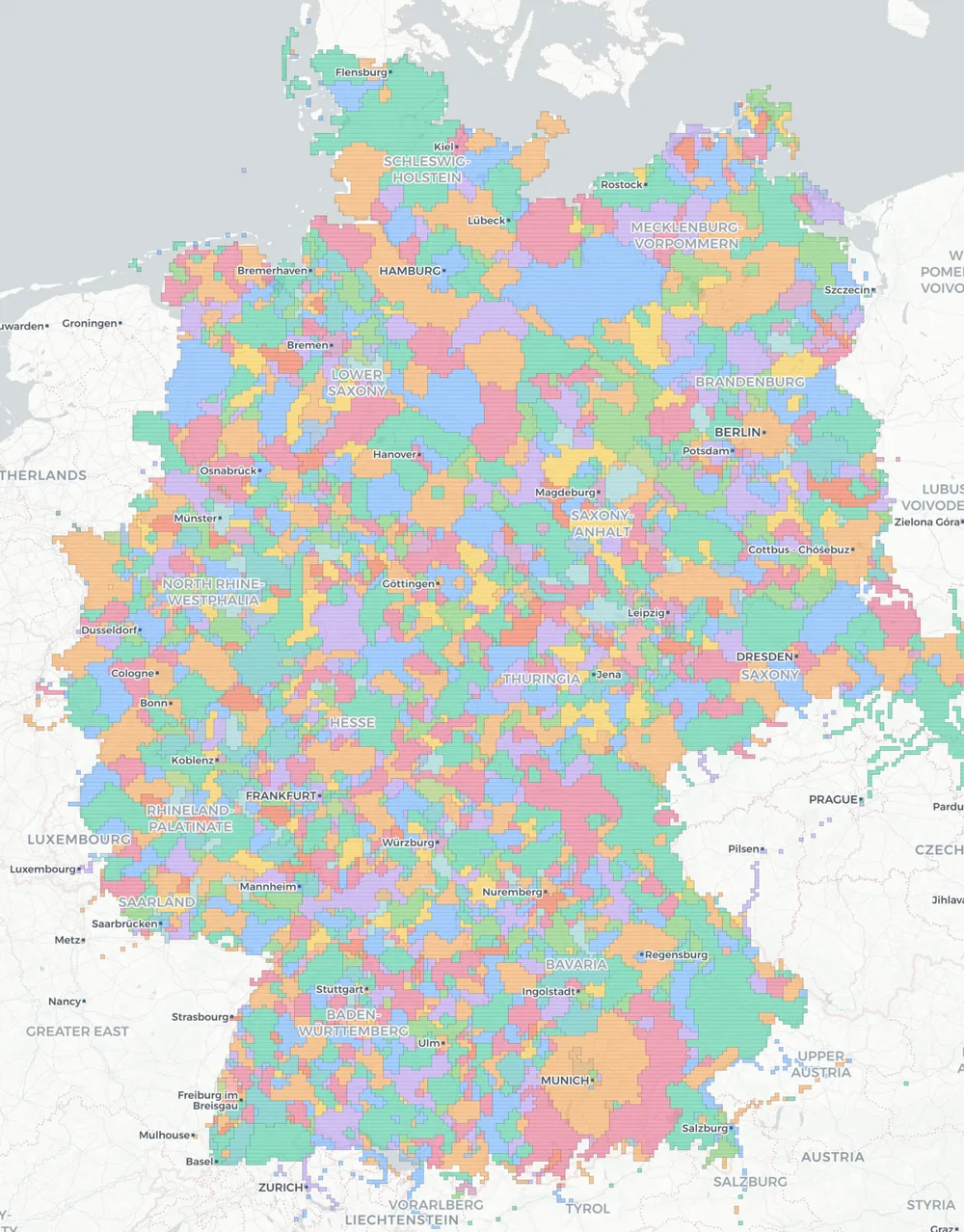 Karte der ÖPNV-Betriebsgebiete in Deutschland — jede Fläche ein Verkehrsbetrieb